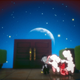 The player pets a fluffy dog who is serving as back support for a little girl who sits on the ground while they stand in a garden is suspended in outer space.
